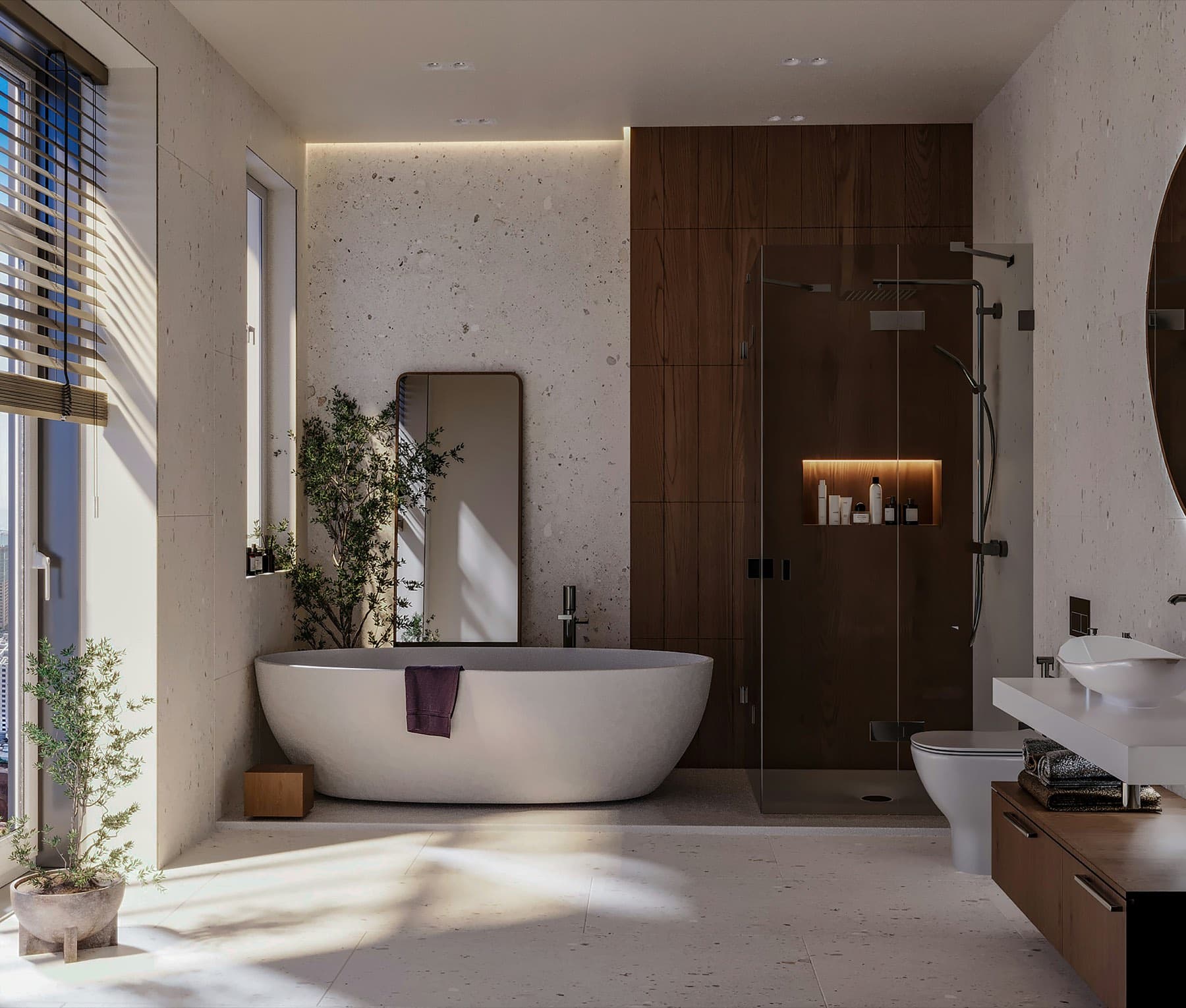 Bad im Stil Organic Nature: freistehende ovale Wanne vor Terrazzowand, dunkle Holzverkleidung an der Dusche und Olivenbäume am Fenster