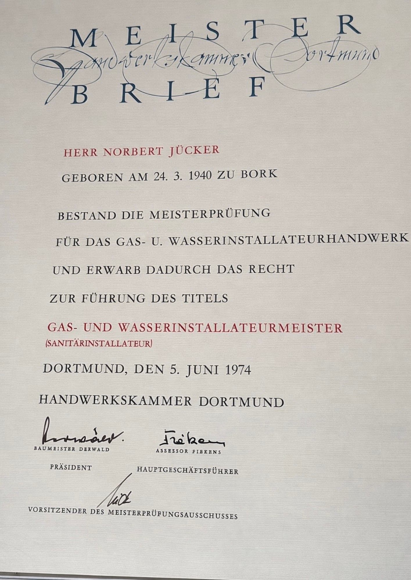 Meisterbrief von Norbert Jücker, Handwerkskammer Dortmund, 5. Juni 1974