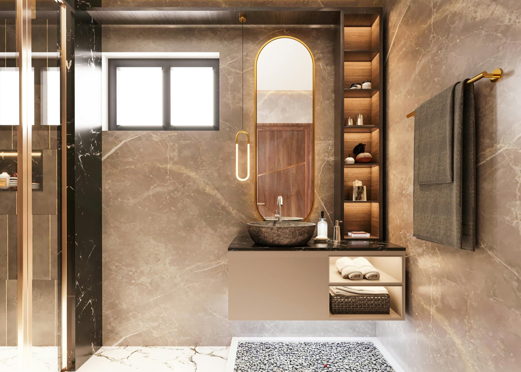 Bad im Stil Urban Luxury: beige und schwarze Marmorflächen, Messing-Armaturen, Steinwaschbecken und indirekt beleuchtete Regalnischen